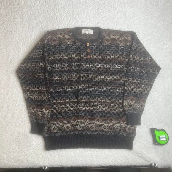 Vintage de Peruvian connection men's 100% alpaca Aztec pattern Henley sweater L - Picture 1 of 5
